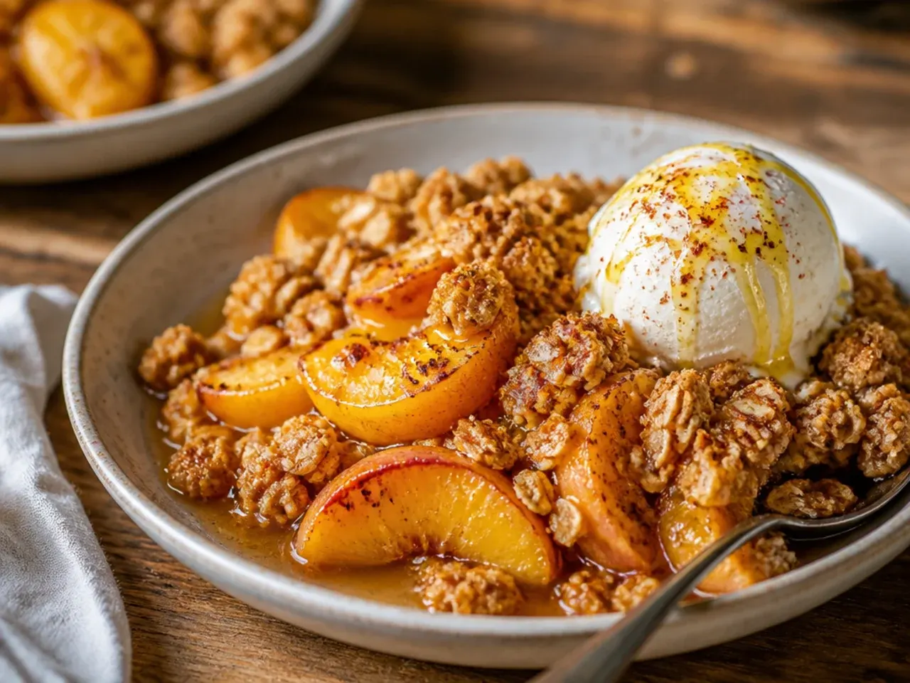 Canned peach slices draining in a sieve over a bowl