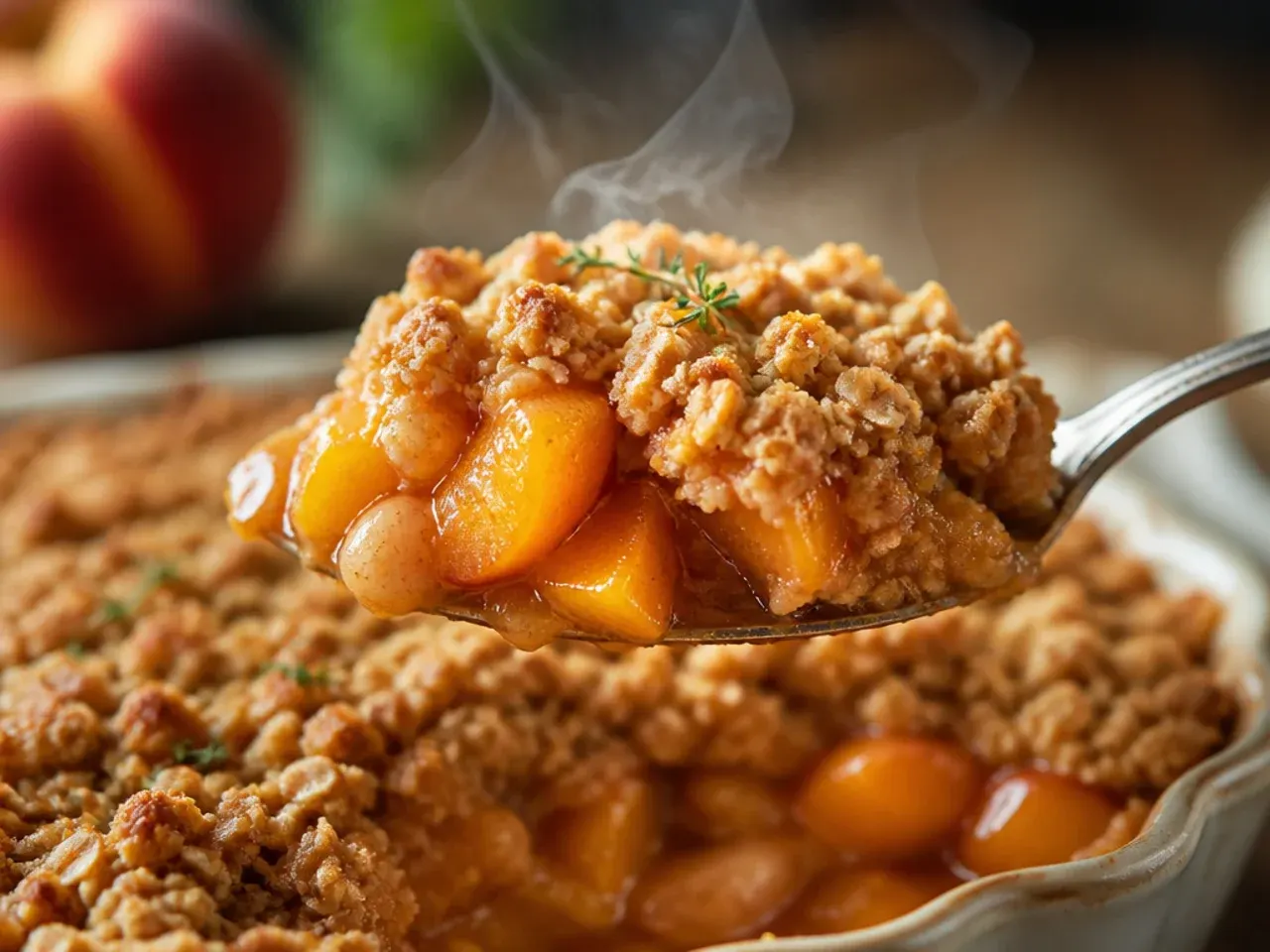 Frozen peach slices being tossed with cornstarch in a mixing bowl