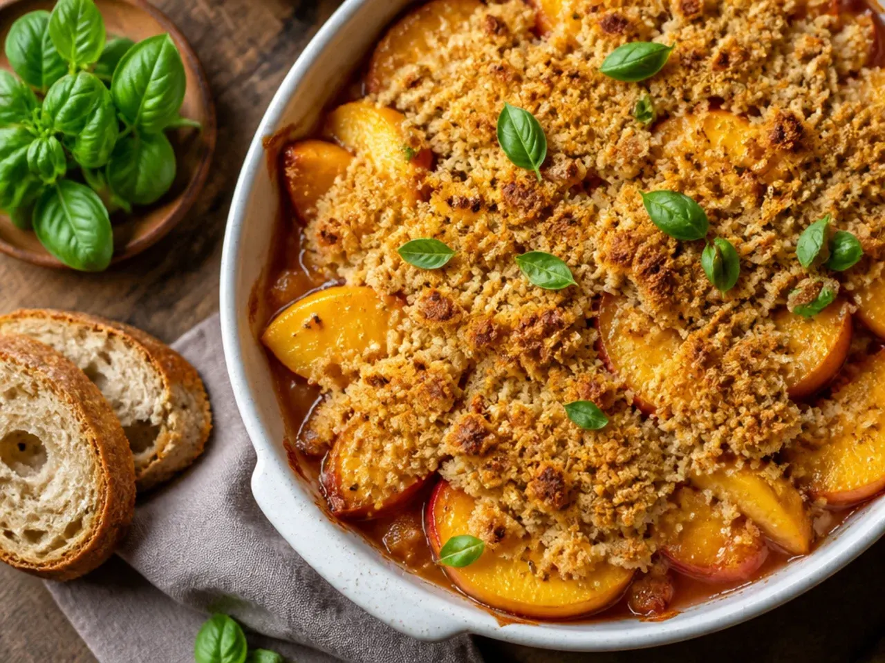 Sliced peaches macerating with sugar in a glass bowl