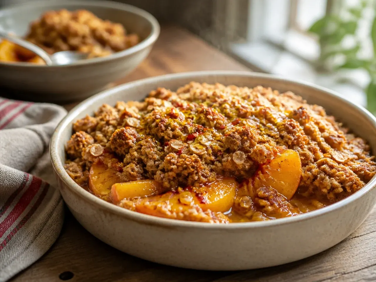 Rolled oats being poured into the peach crisp topping mixture