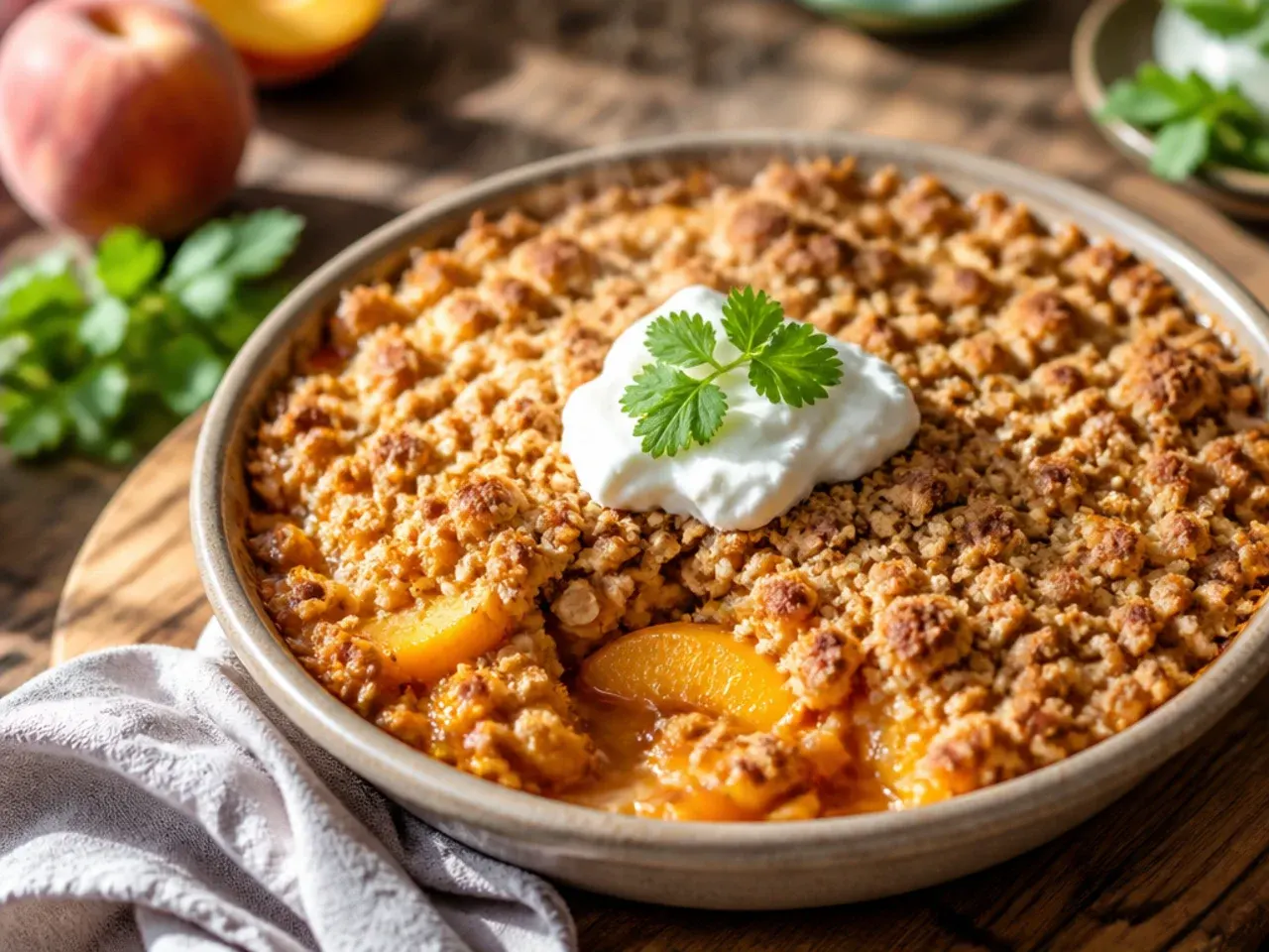 Peach crisp filling in a properly sized baking dish before topping