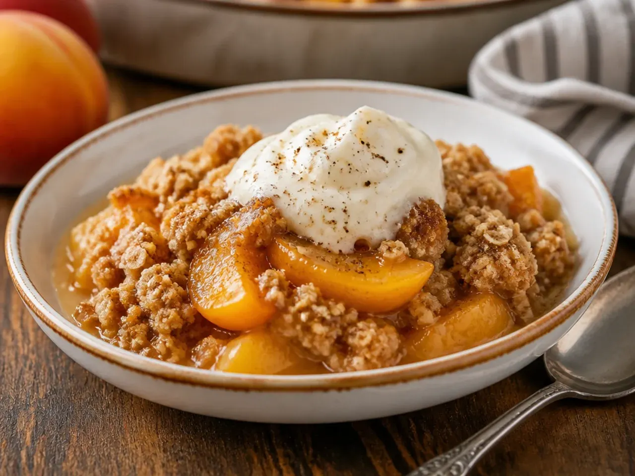 Peach crisp baking dish positioned on the middle oven rack
