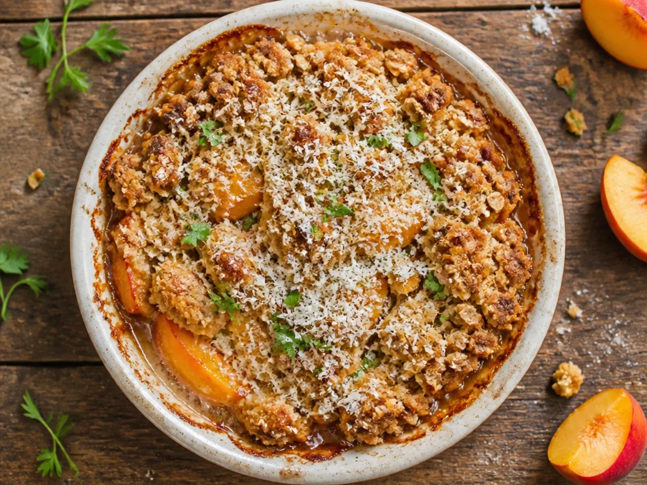 Foil being tented loosely over a browning peach crisp