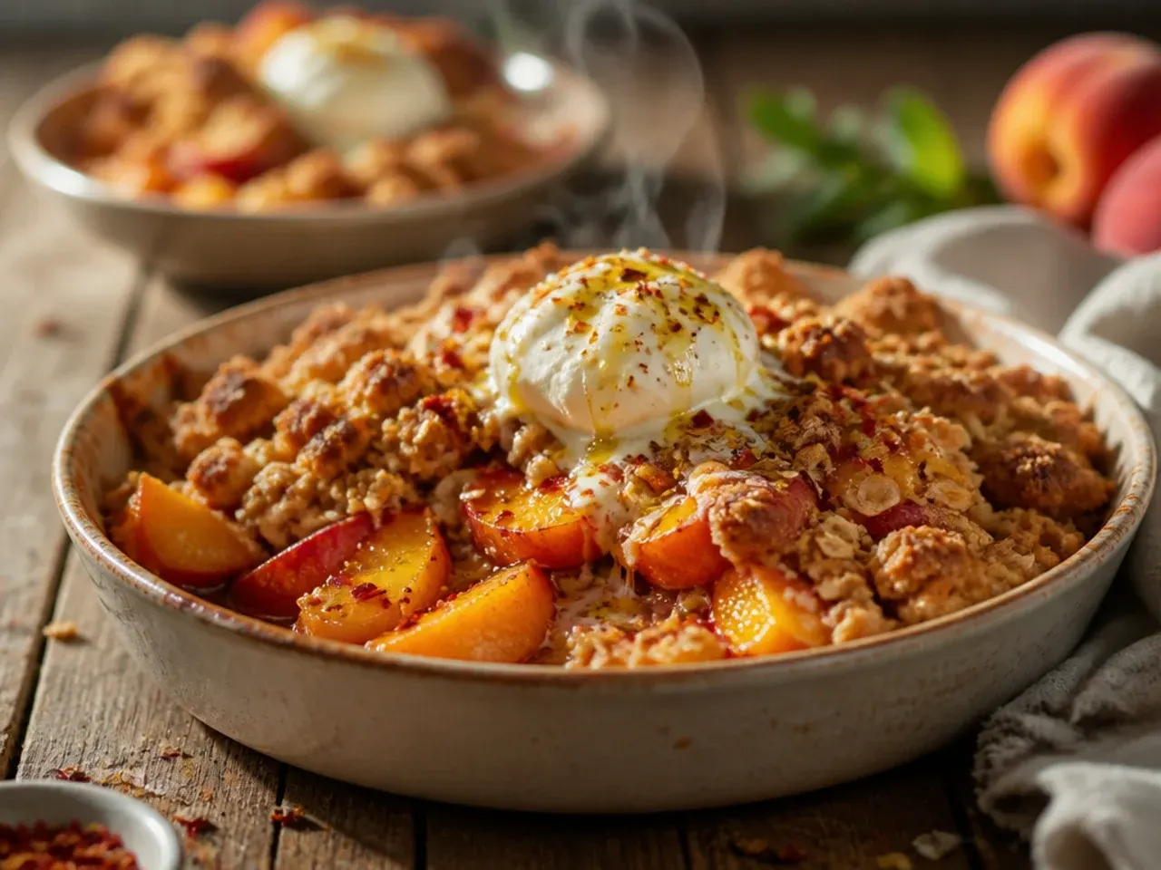 Golden bubbling peach crisp fresh out of the oven
