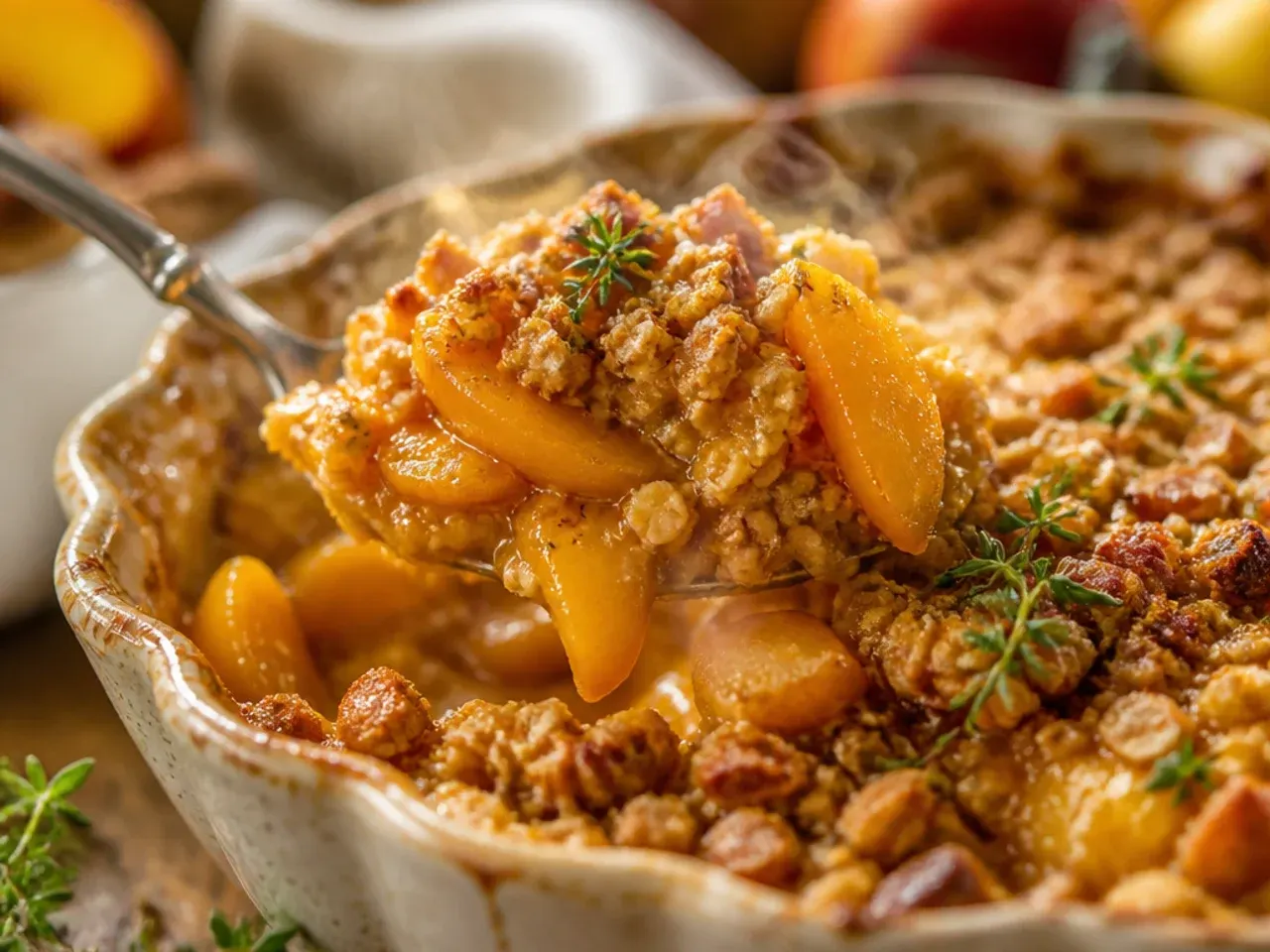 Close-up of bubbling peach juices at the edge of the baking dish