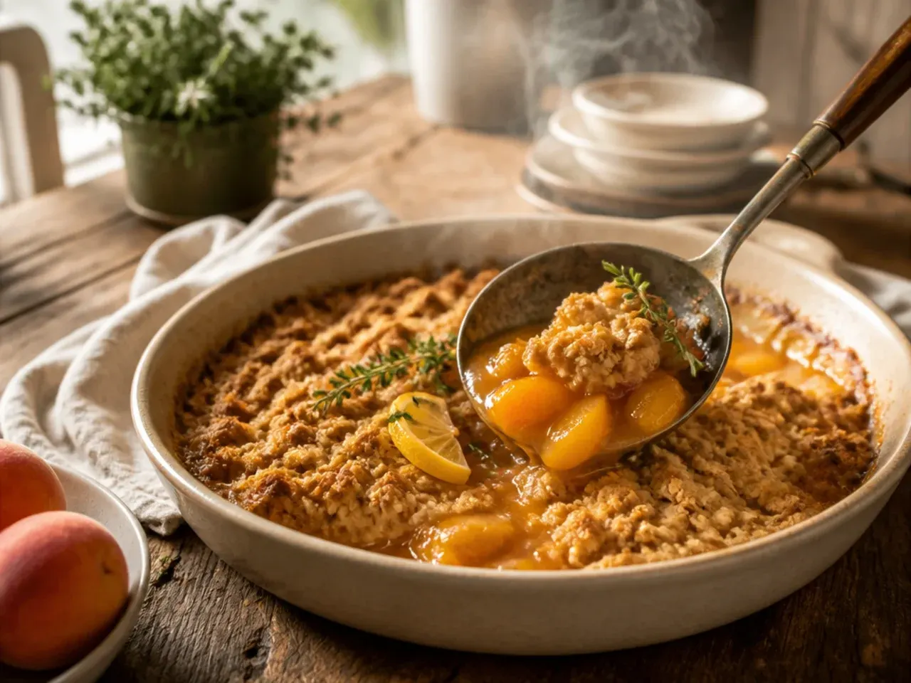 Peach crisp resting on a cooling rack before serving