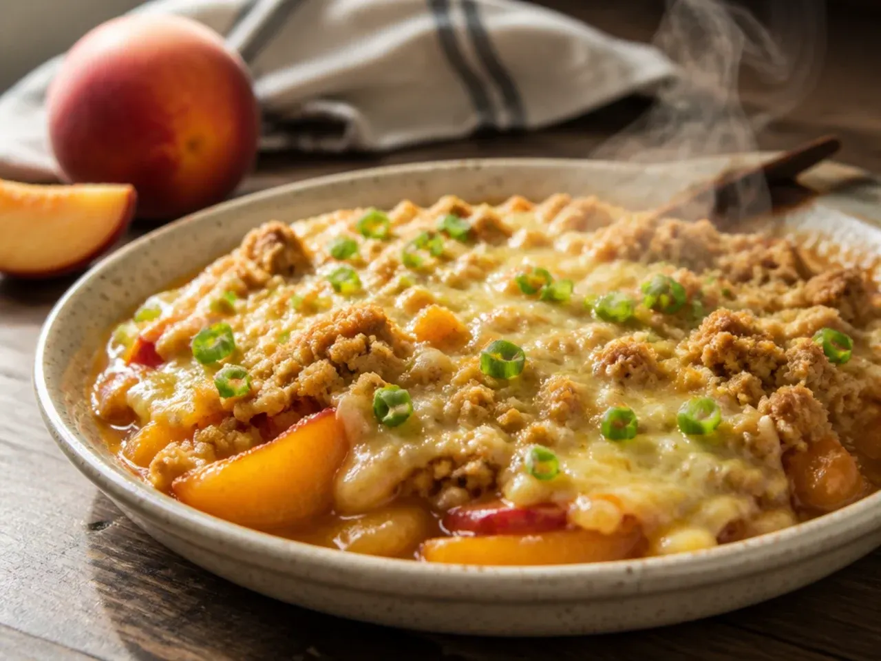 A scoop of vanilla ice cream melting over warm peach crisp