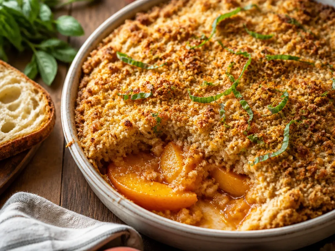 A doubled batch of peach crisp in a large rectangular baking dish