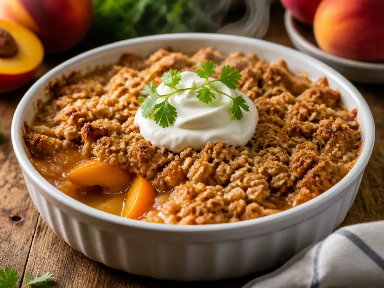 Separate containers of peach filling and crumble topping ready to assemble