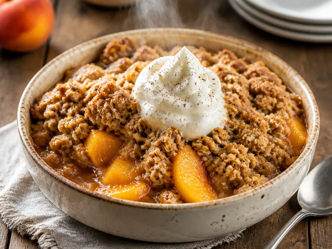 An unbaked peach crisp wrapped for the freezer