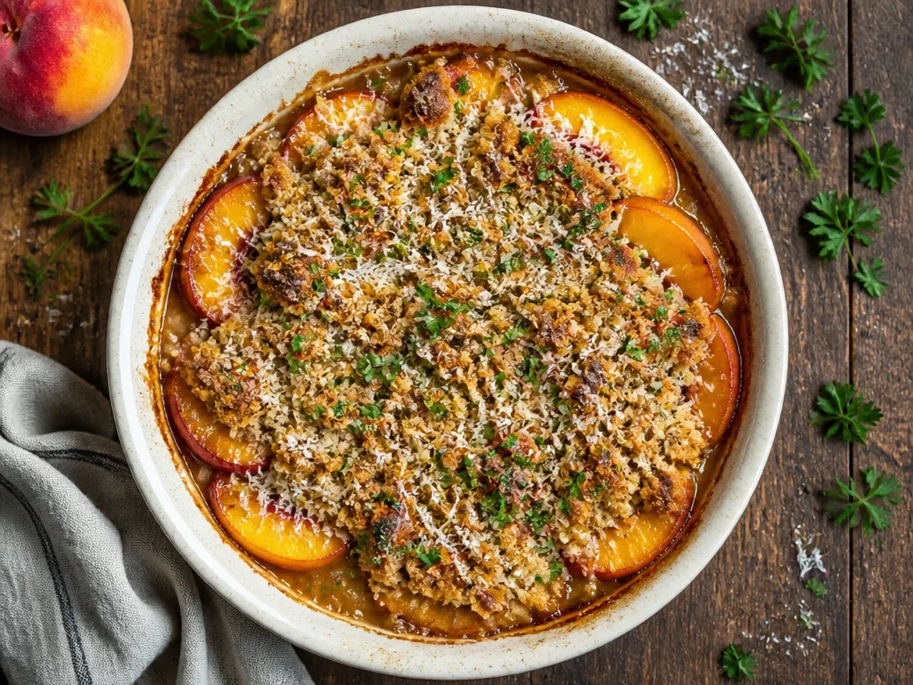 Leftover peach crisp covered in a storage container in the fridge