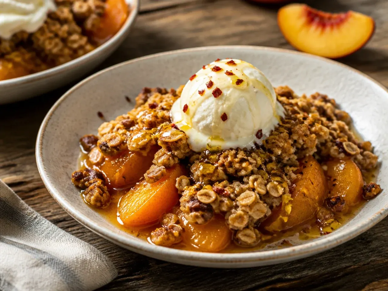 A portion of peach crisp being reheated in the oven