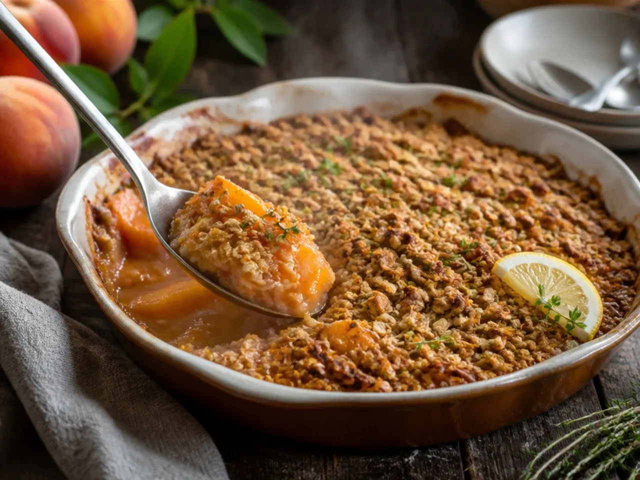 A glass baking dish showing peach crisp filling bubbling at the edges