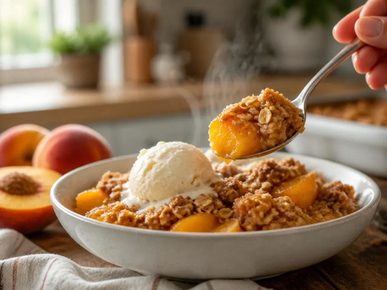 A finished easy peach crisp served warm with a scoop of ice cream