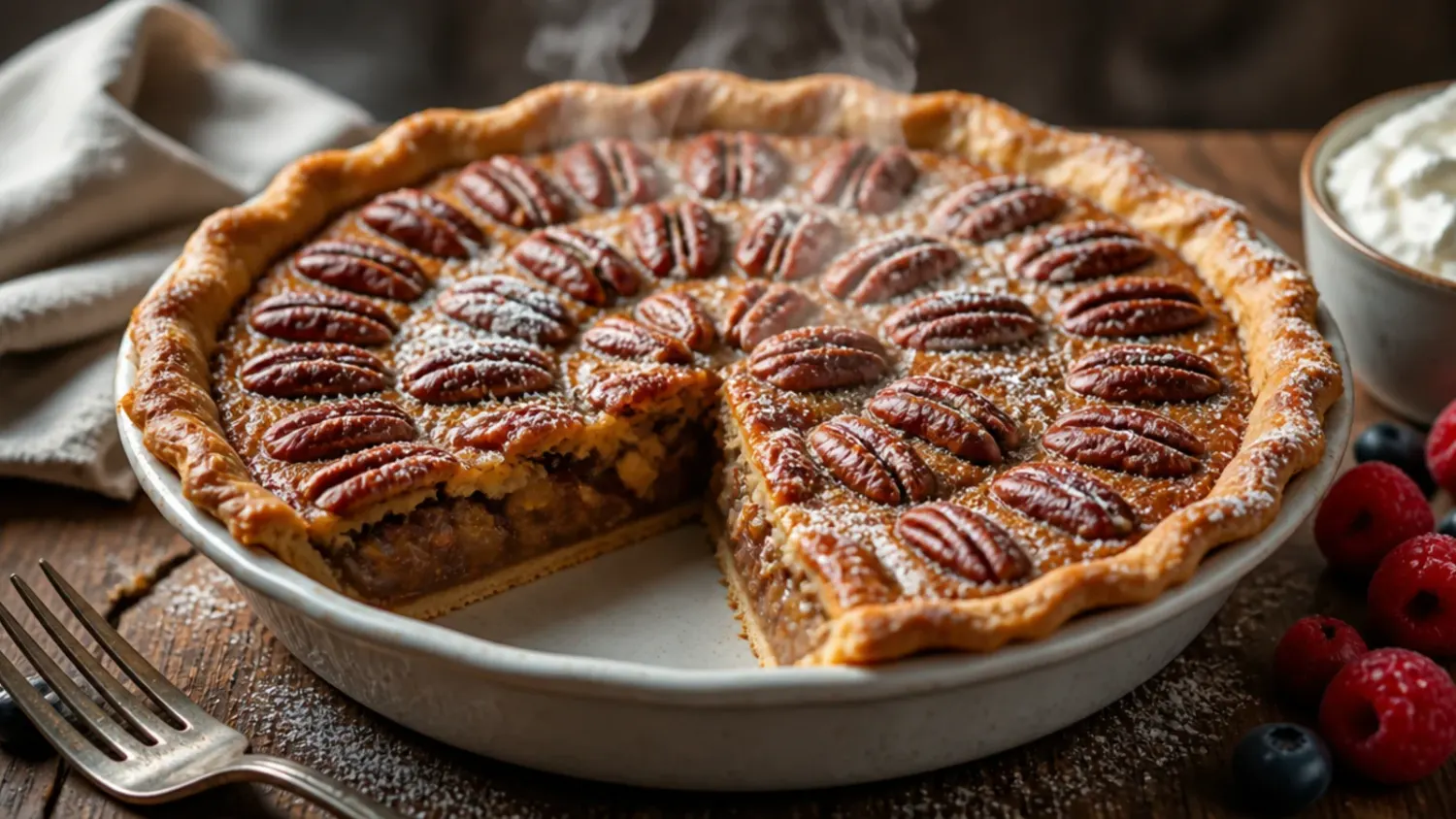 Overhead view of a whole pecan pie with a slice cut out, showing the glossy caramel and pecan filling and golden pastry crust