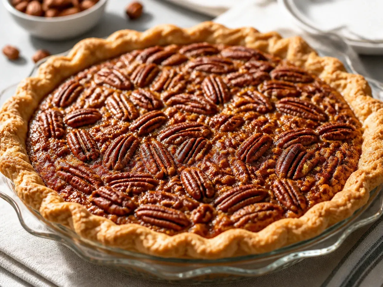 Overhead shot of a whole pecan pie fresh from the oven, cooling on a wire rack with a slice cut out