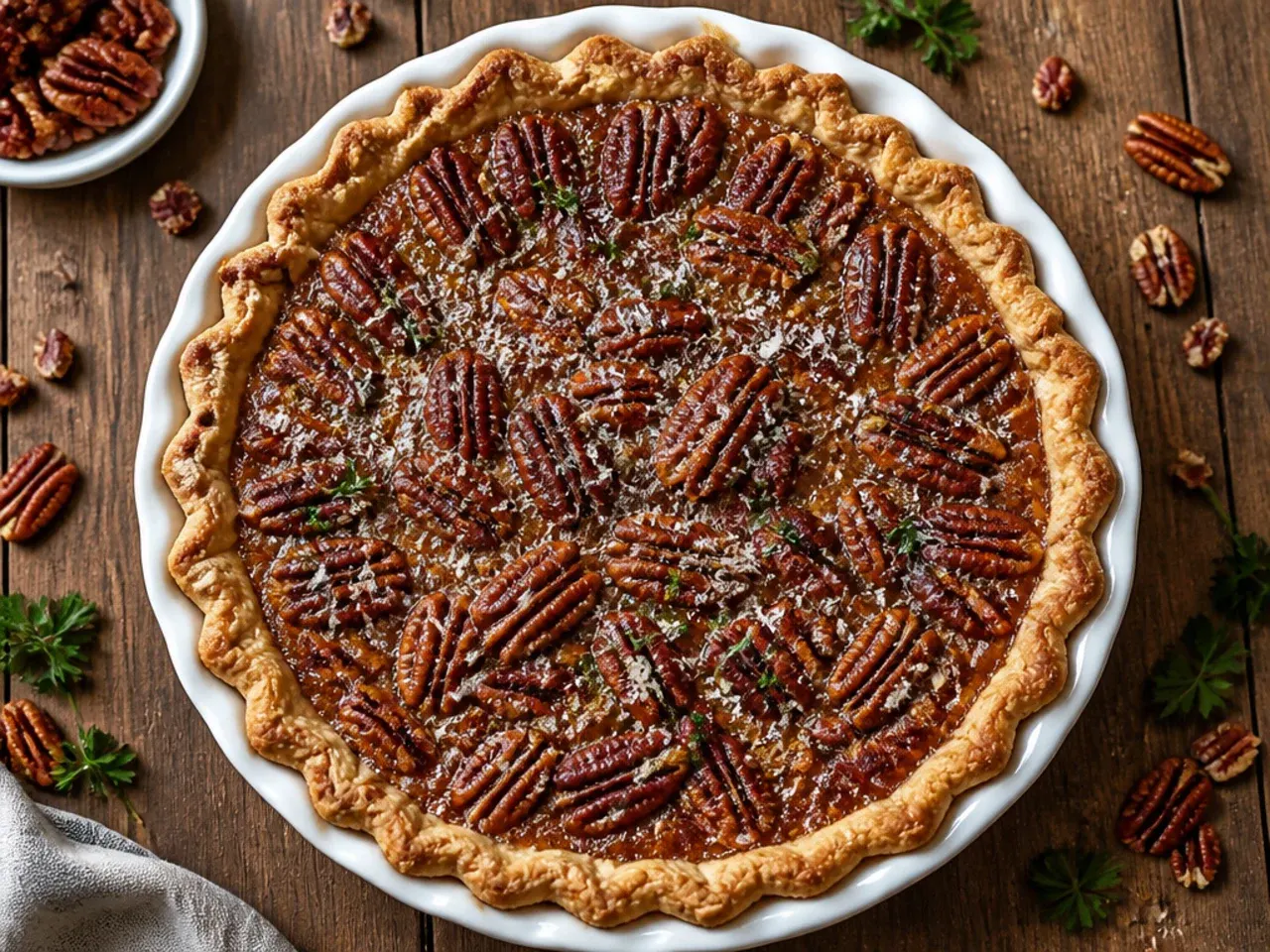 Close-up of a classic pecan pie slice on a fork, showing the glossy caramel layer and golden pastry