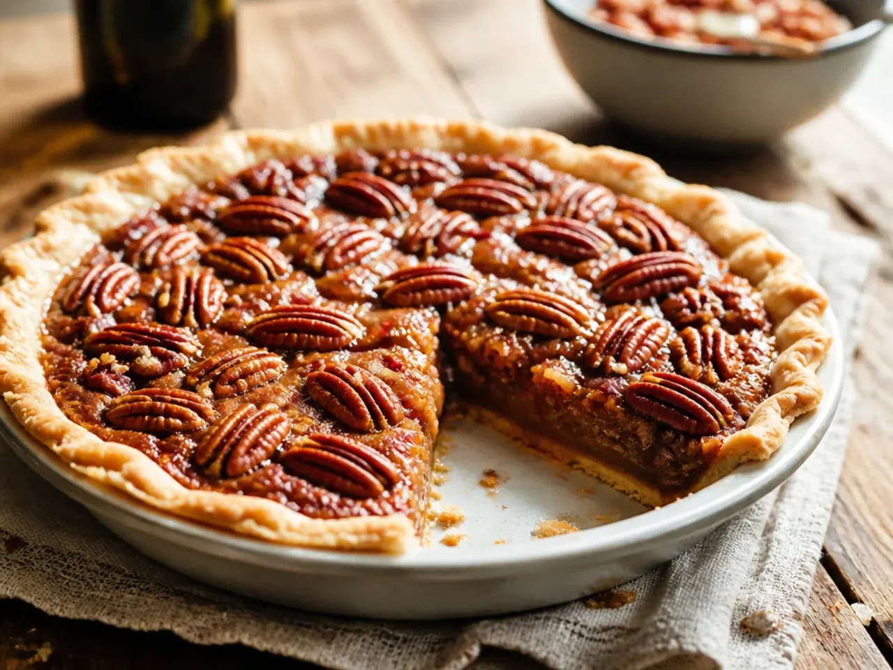 Five simple ingredients for pecan pie filling laid out next to a ready-made pastry case
