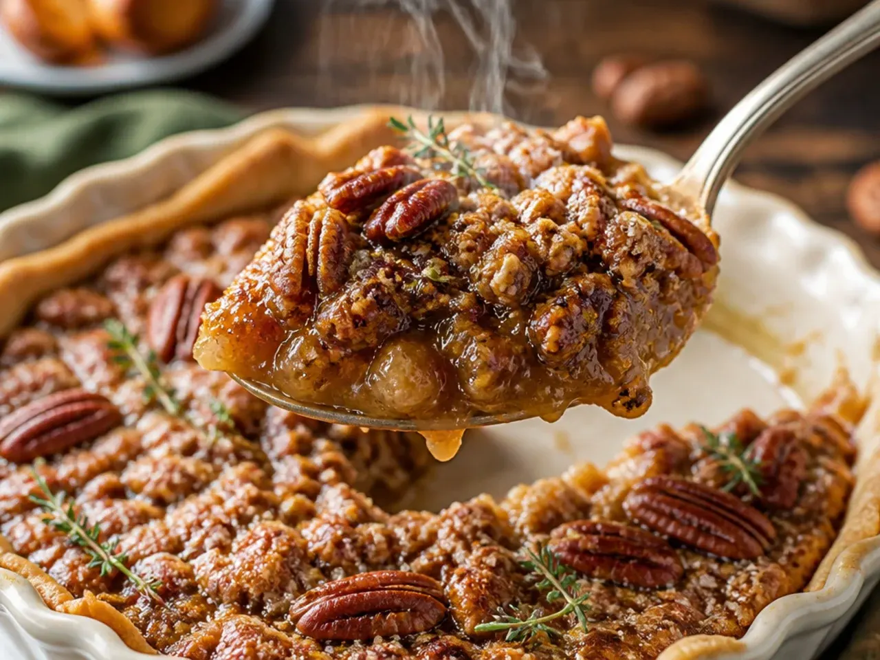 Jug of maple syrup being poured over pecan halves in a pastry case