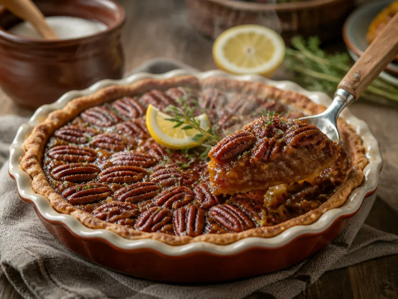 Pecan pie dusted with cinnamon next to whole cinnamon sticks and nutmeg