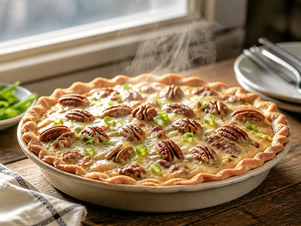 Cross-section slice of pecan pie showing a distinct cream cheese layer beneath the pecan filling