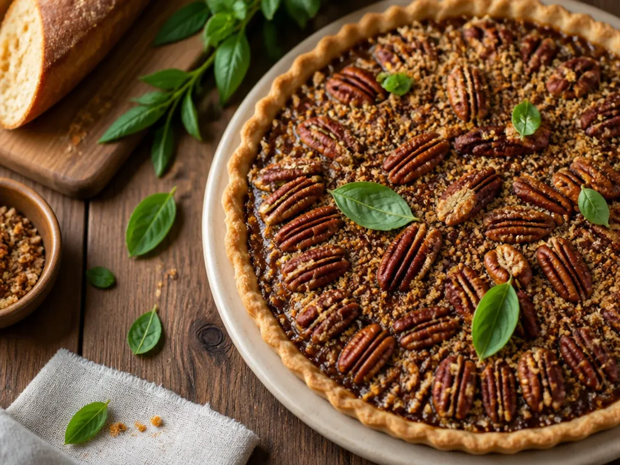 No-bake pecan pie in a biscuit crumb crust, chilling in the fridge