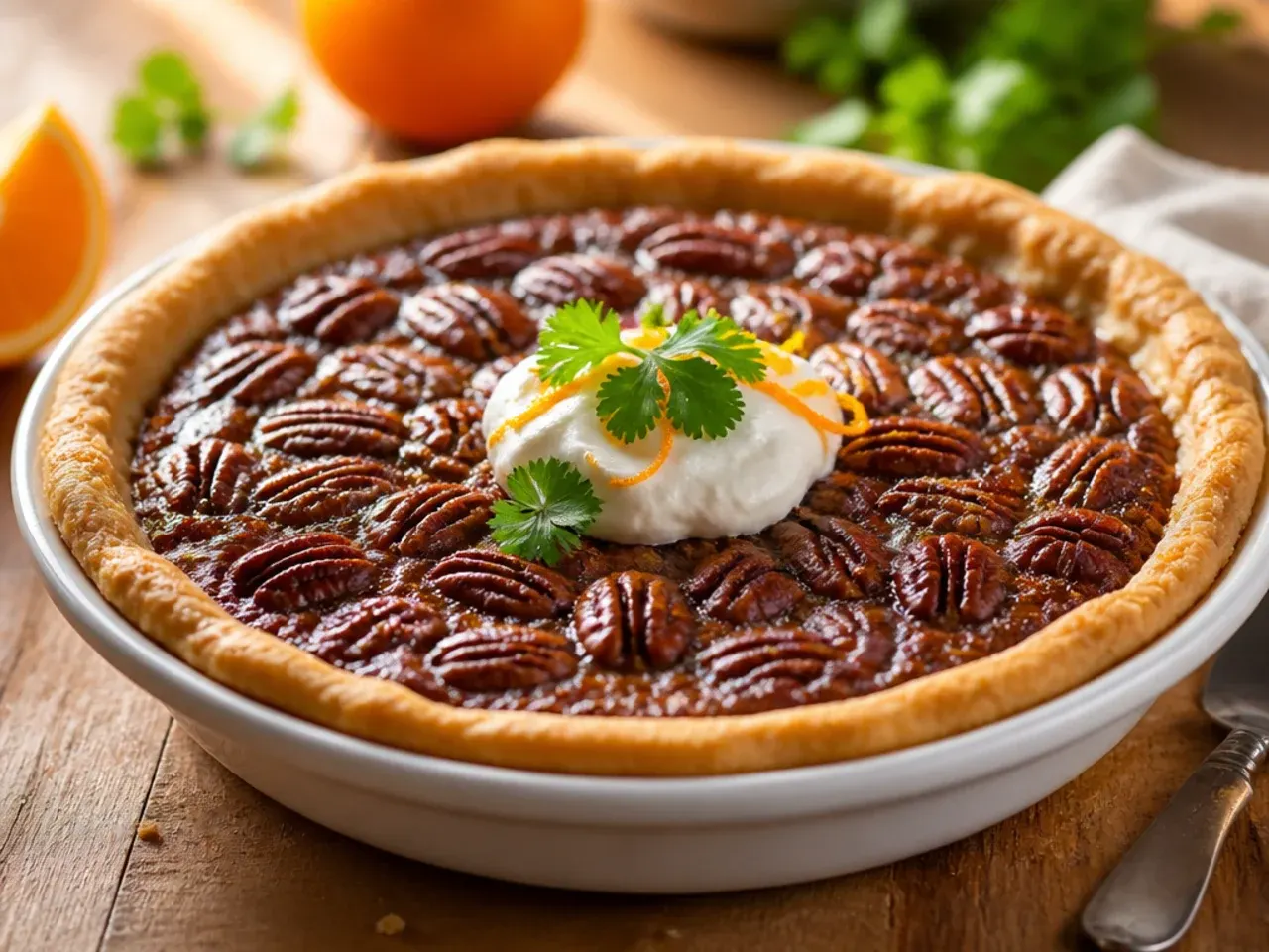 Pecan pie topped with strips of candied orange peel and orange zest