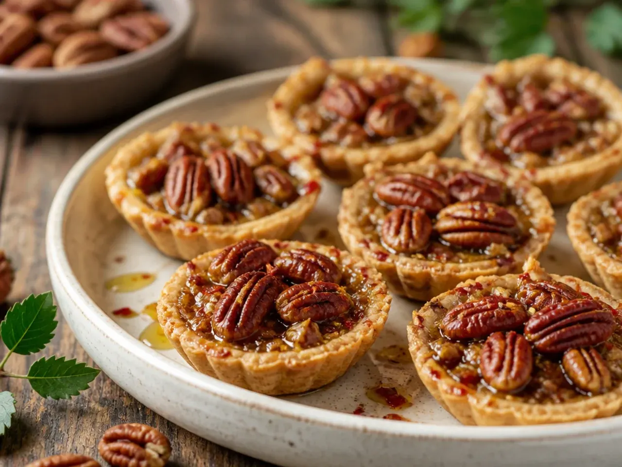 Mini pecan pie tartlets cooling in a muffin tin
