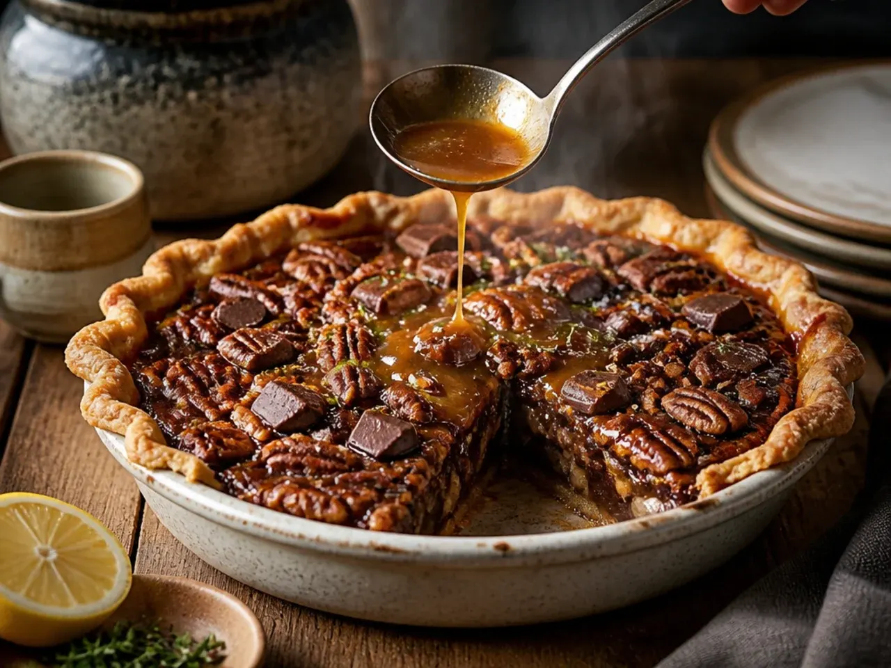 Pecan pie loaded with melted chocolate chunks, sliced to show the pockets of chocolate