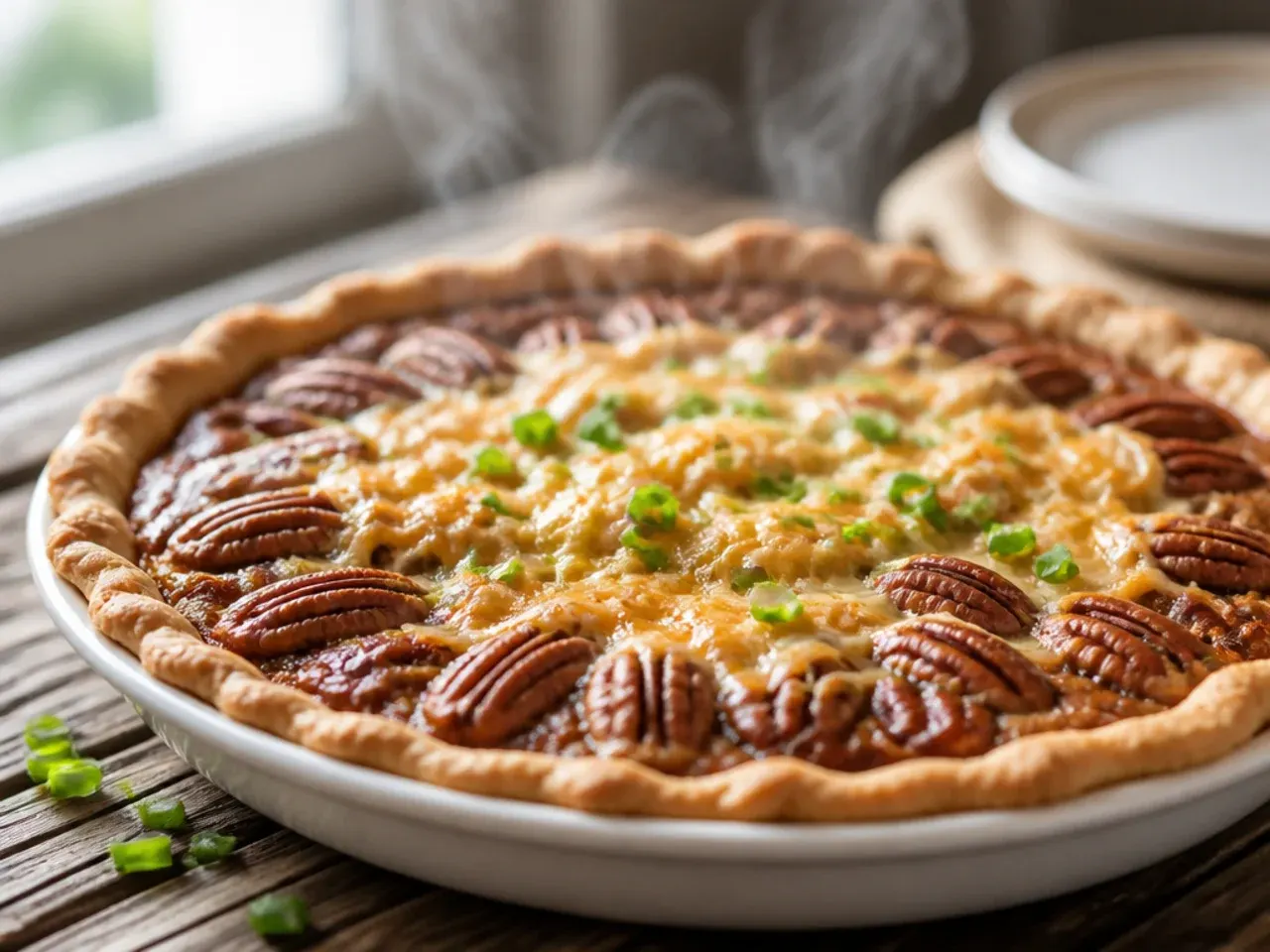 Large deep-dish pecan pie in a 25cm tin, sliced for a family gathering