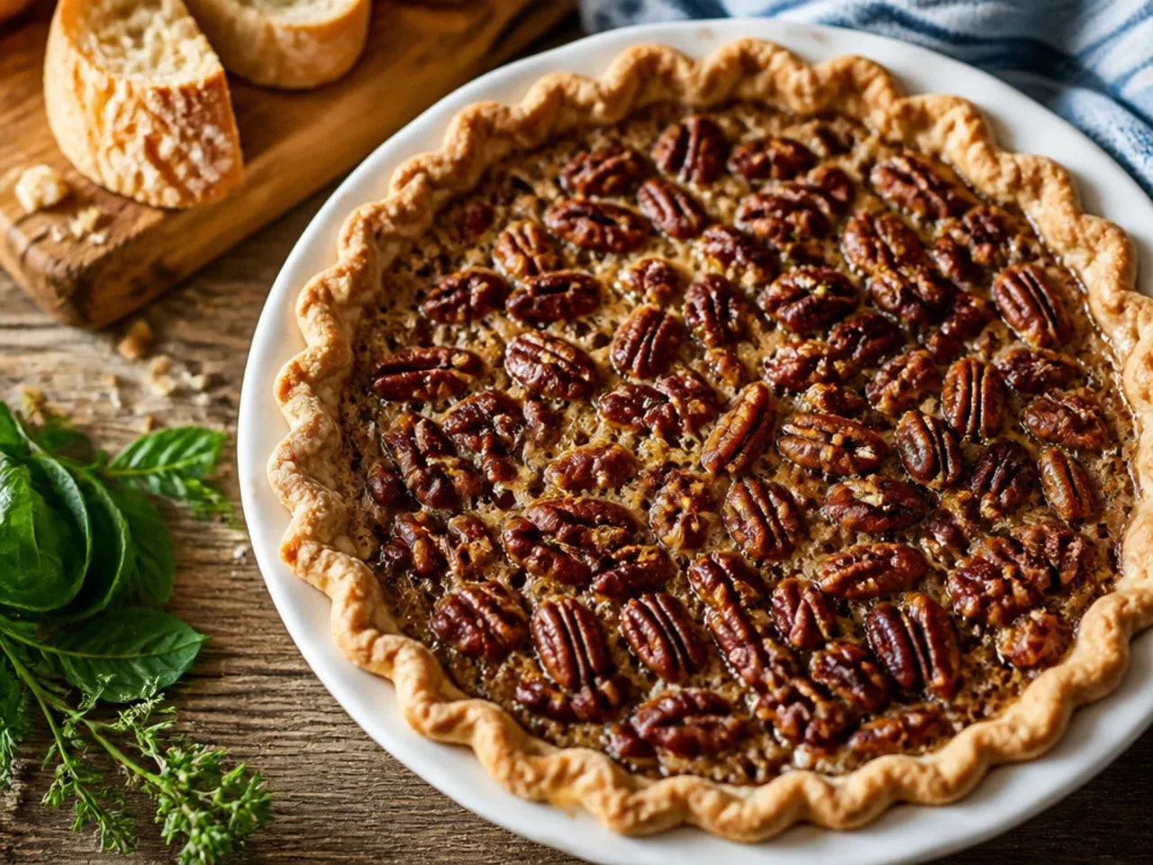 Bourbon being poured into pecan pie filling in a mixing bowl