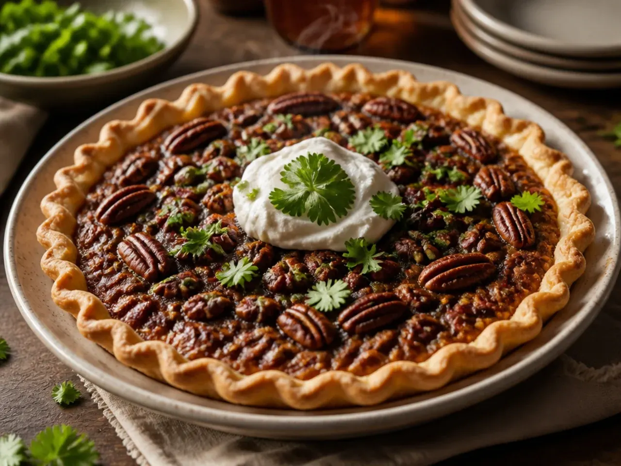 Ready-made pastry case being filled with pecan pie filling for a quick version