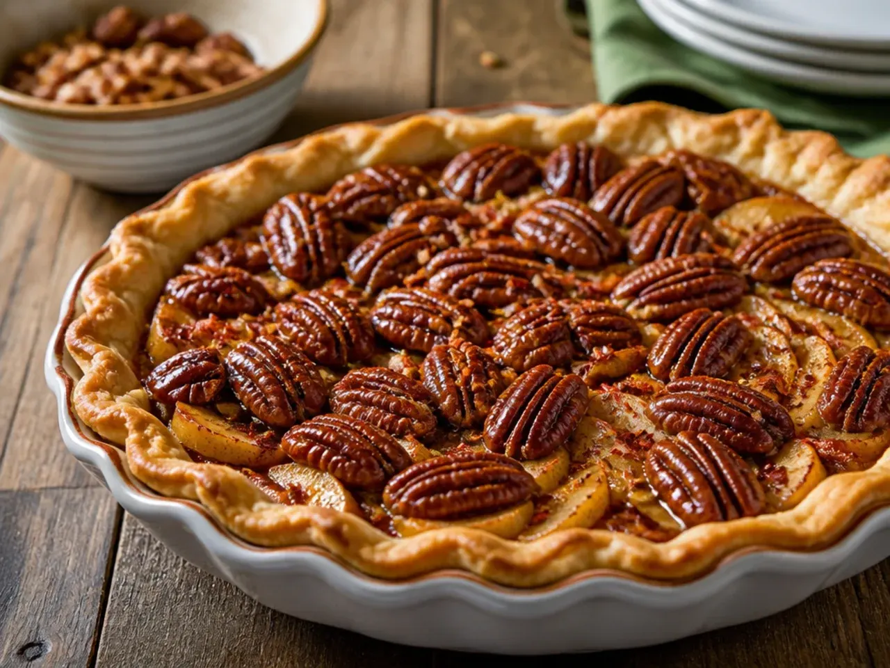 Sliced apples layered under pecan pie filling in a pastry case