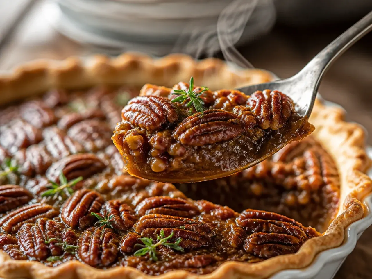 Spiced gingerbread pecan pie dusted with icing sugar