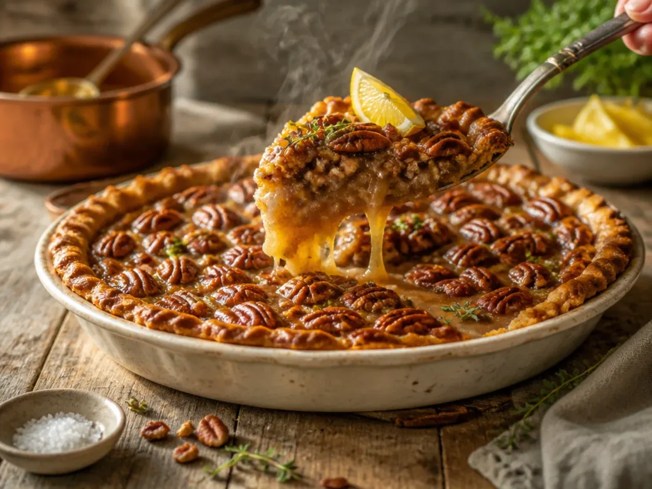 Pecan pie with salted caramel sauce swirled through the filling in a marbled pattern