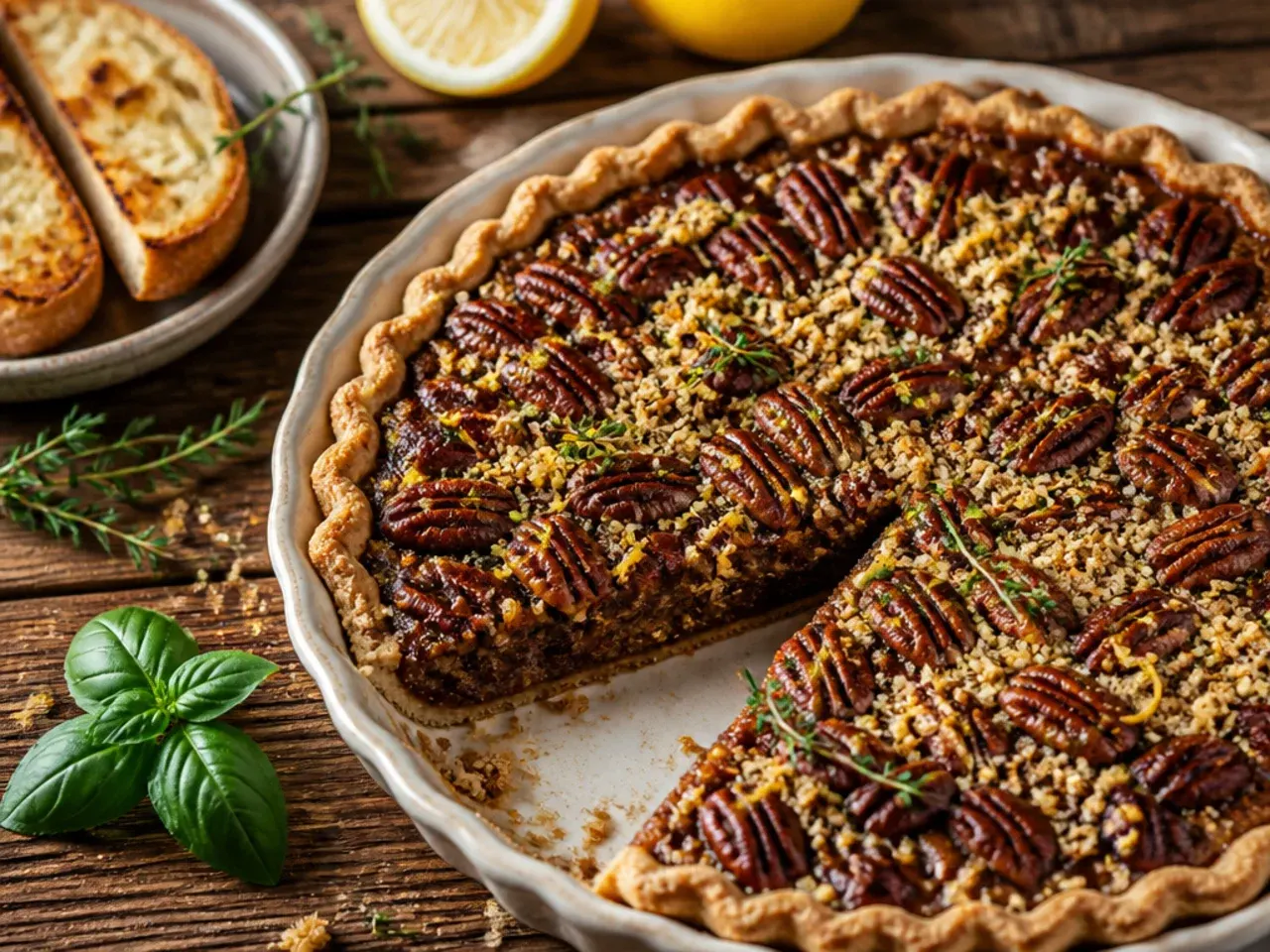 Pecan pie garnished with lemon zest and fresh thyme sprigs