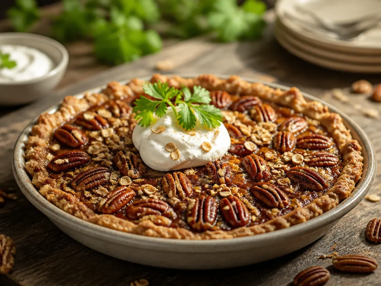 Pecan pie topped with a layer of toasted oats before serving