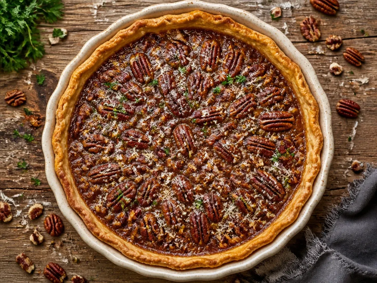 Small pecan pie baking inside an air fryer basket