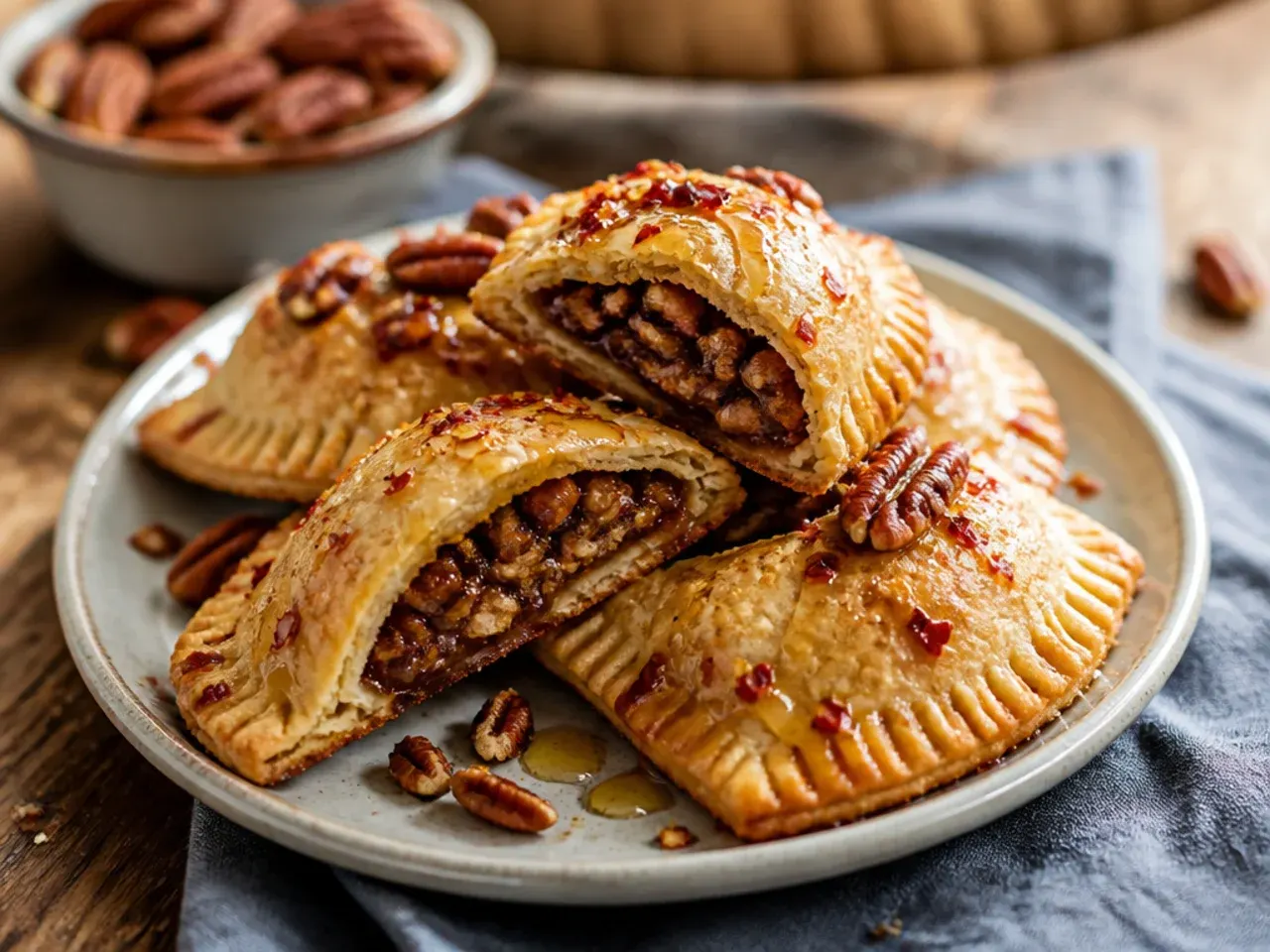 Hand-held pecan pie pockets with crimped edges on a baking tray