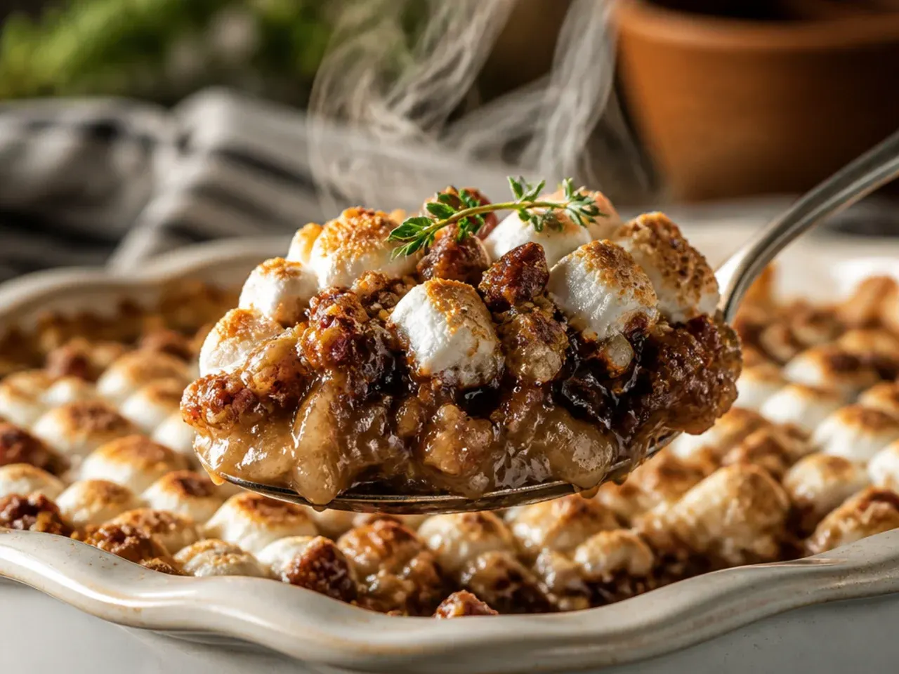 Pecan pie topped with toasted marshmallows and chocolate in s'mores style