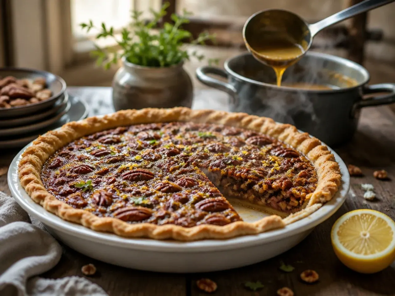 Two pecan pies side by side, one being wrapped for the freezer