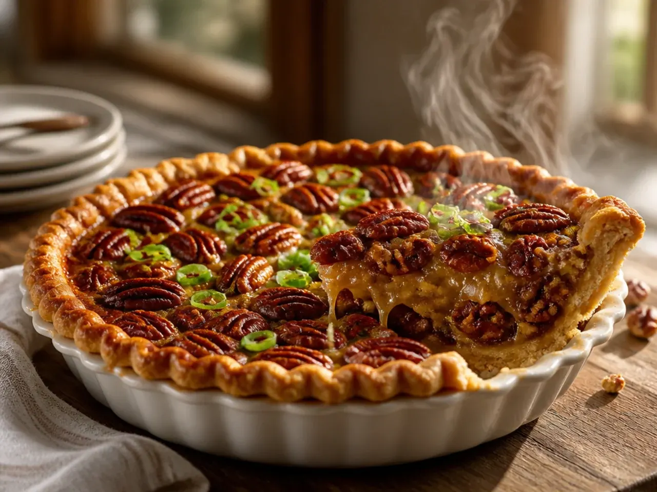 Browned butter being poured into pecan pie filling, showing its deep amber colour