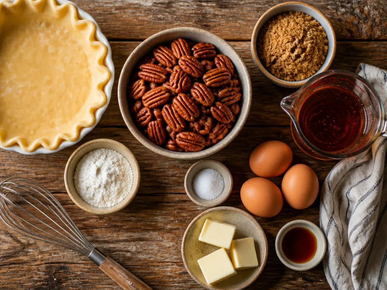 Hands shielding a pecan pie crust edge with foil strips before baking