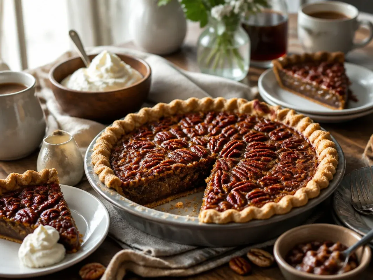 Slice of pecan pie served with a scoop of vanilla ice cream
