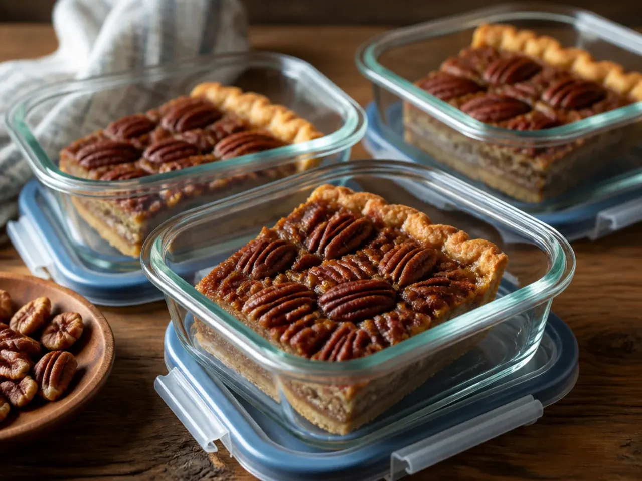 Pecan pie slices wrapped for storage next to a labelled freezer bag