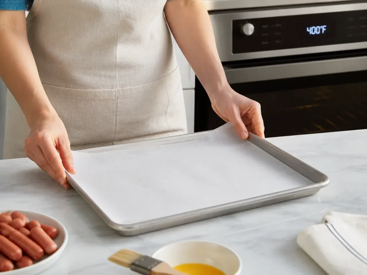 easy pigs in a blanket — step 1: heat the oven and prep the tray