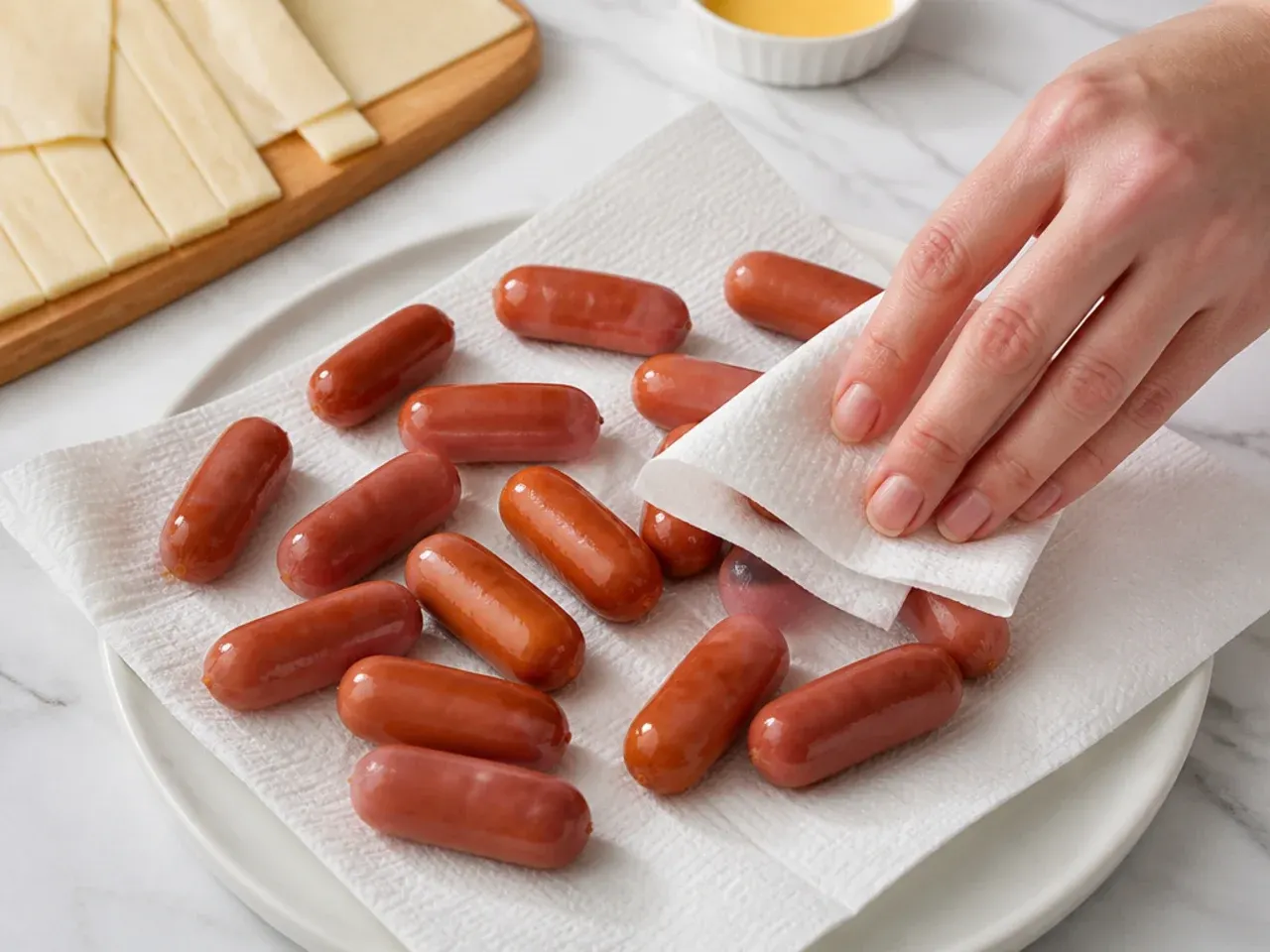 easy pigs in a blanket — step 2: dry the sausages