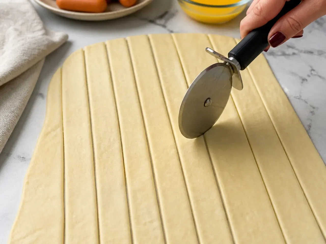 easy pigs in a blanket — step 3: cut the dough into strips