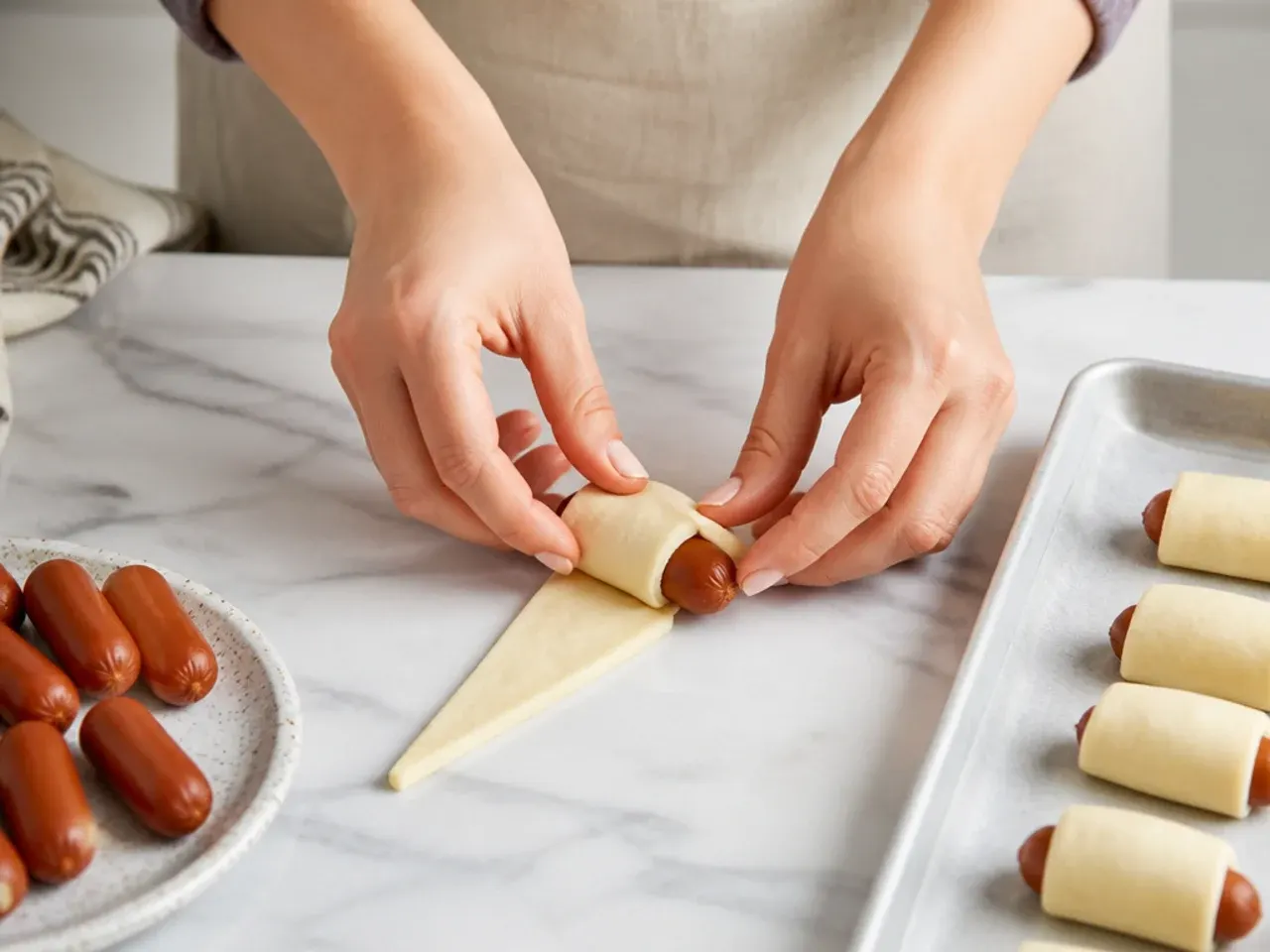 easy pigs in a blanket — step 4: wrap each sausage