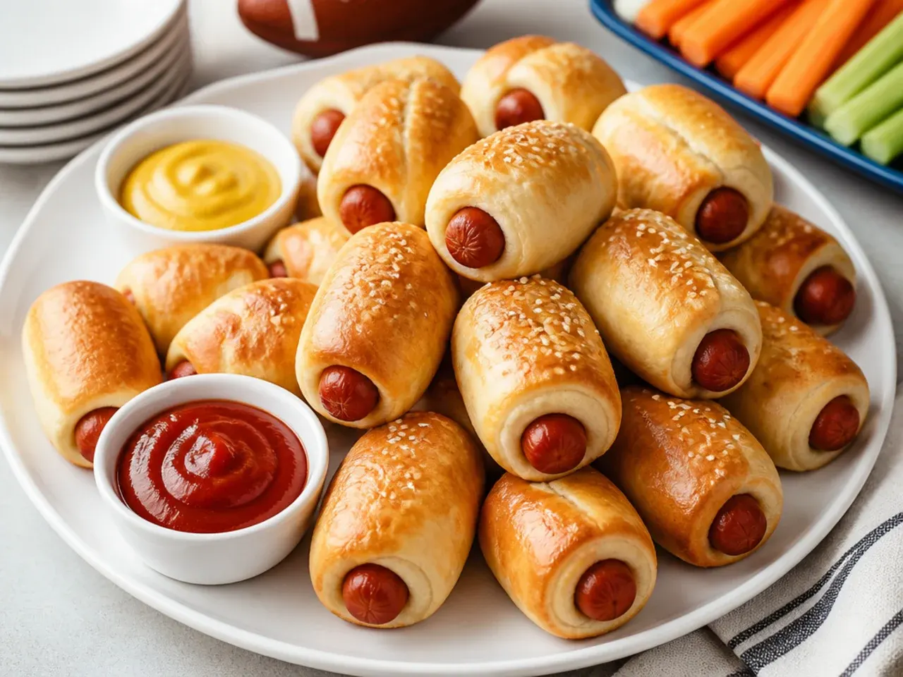 Platter of golden easy pigs in a blanket with ketchup and mustard dips at a party